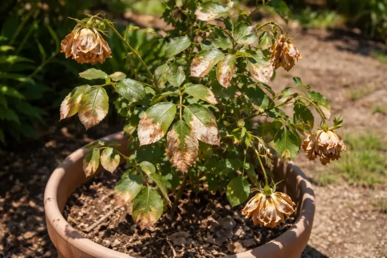treating wilted roses in pots with scorched leaf edges in harsh sun