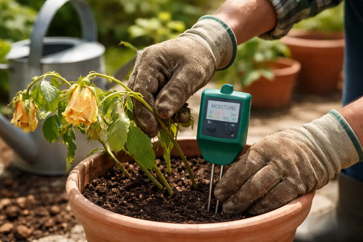 treating wilted roses in pots during test soil moisture levels for roses