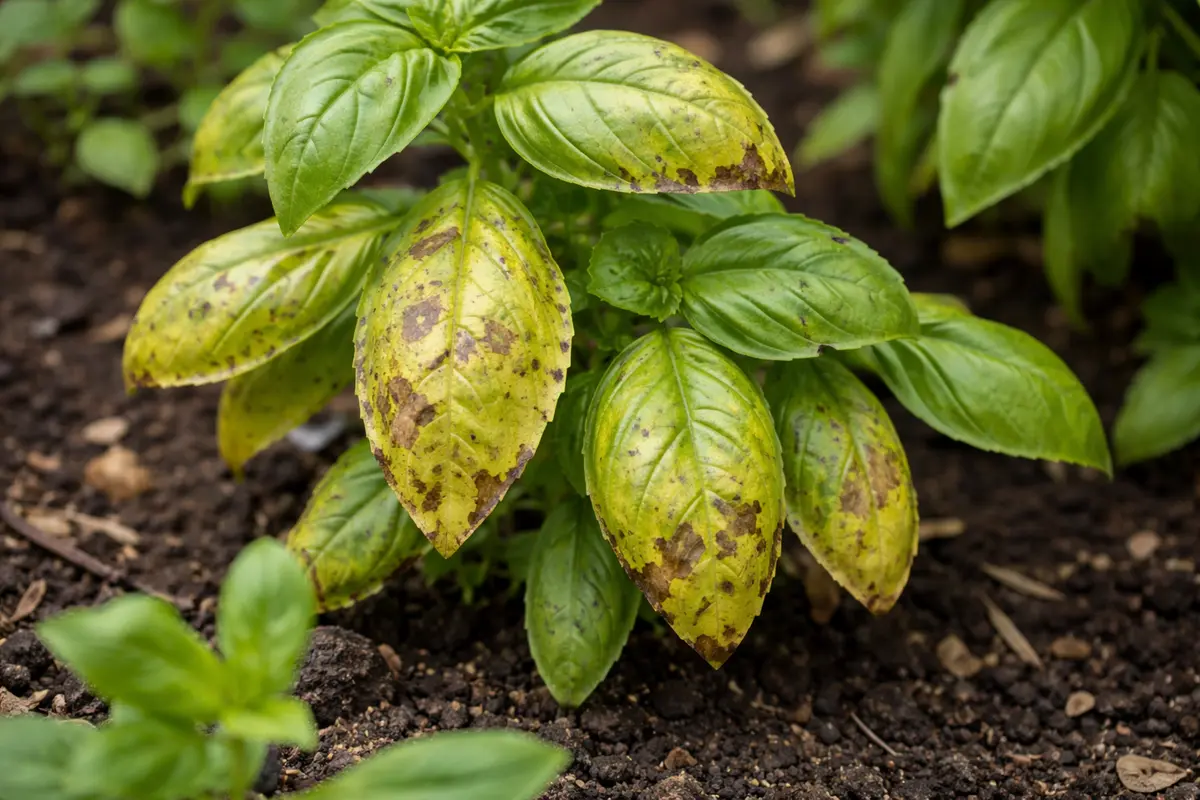what to do if basil with visible browning or spots on leaves