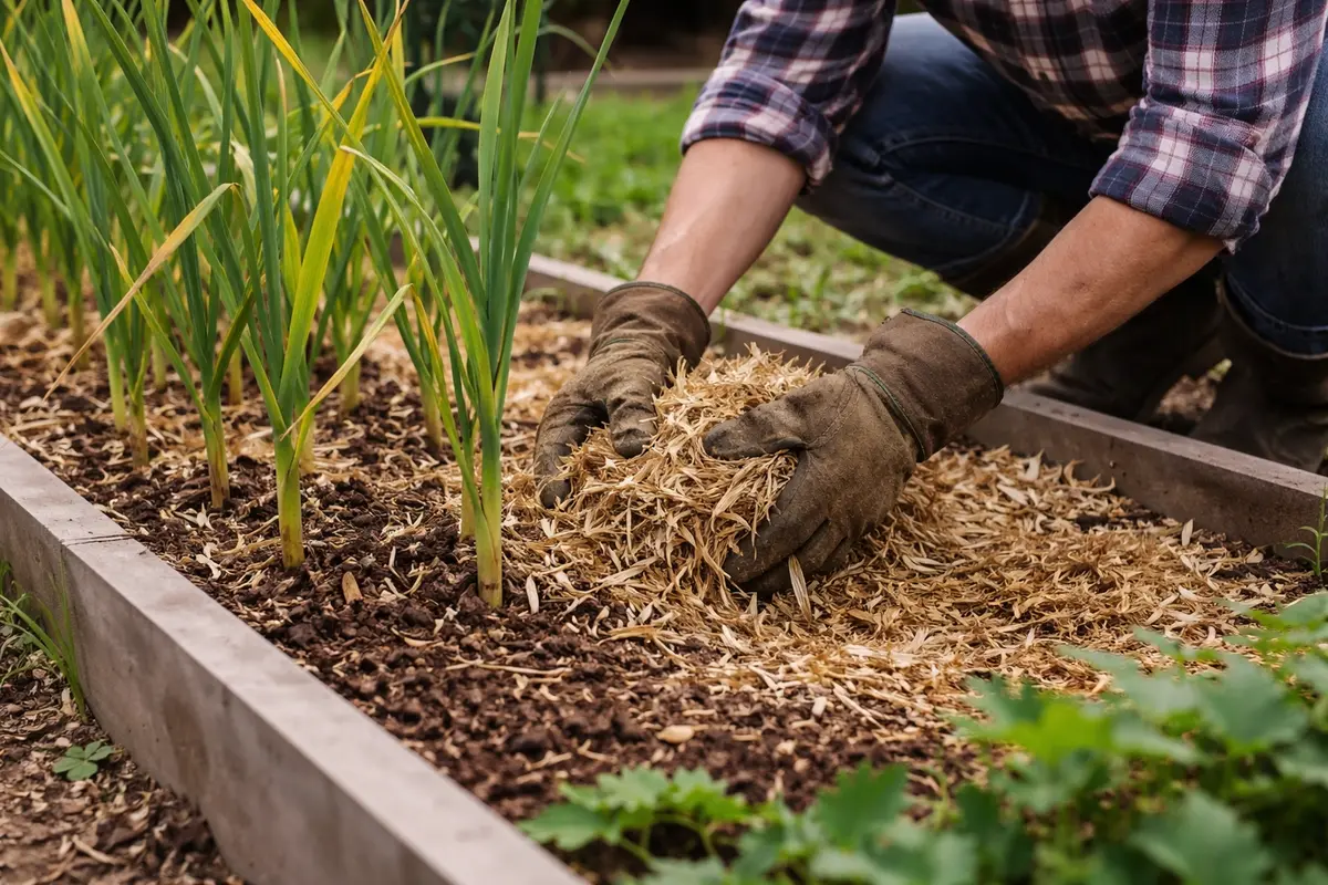 what to do when garlic plants mulch garlic beds to prevent weeds