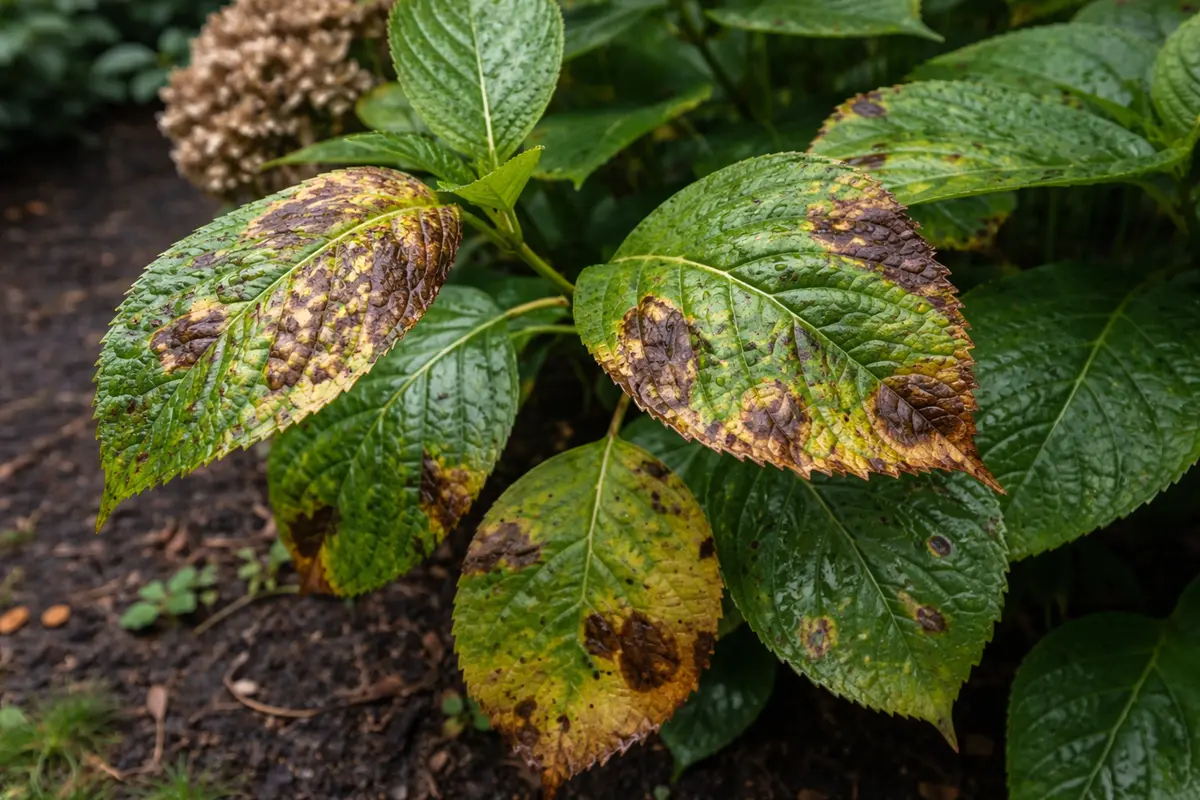 what to do when hydrangea with visible browning or spots on leaves