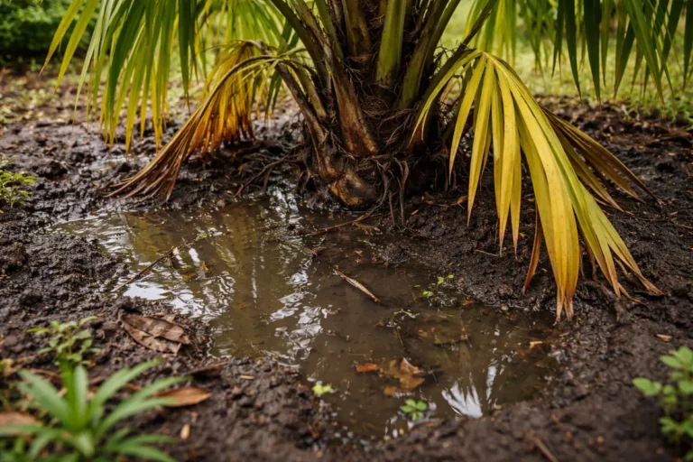 what to do when palm fronds with wet soil around the base
