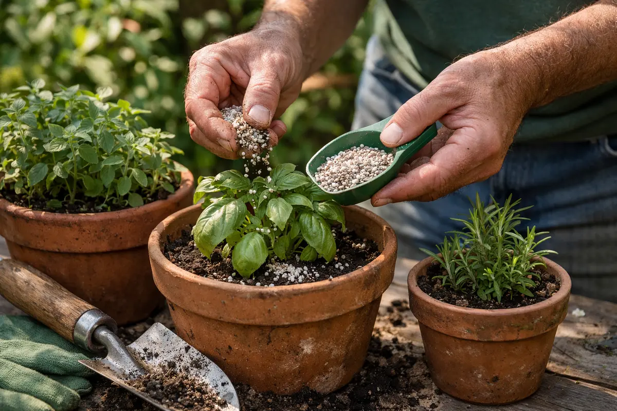 what to do when potted herbs feed herbs with balanced fertilizer mix