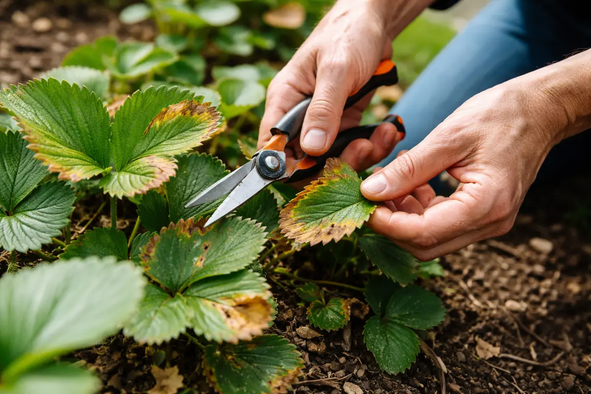 what to do when strawberry plants trim brown patches on strawberry leaves