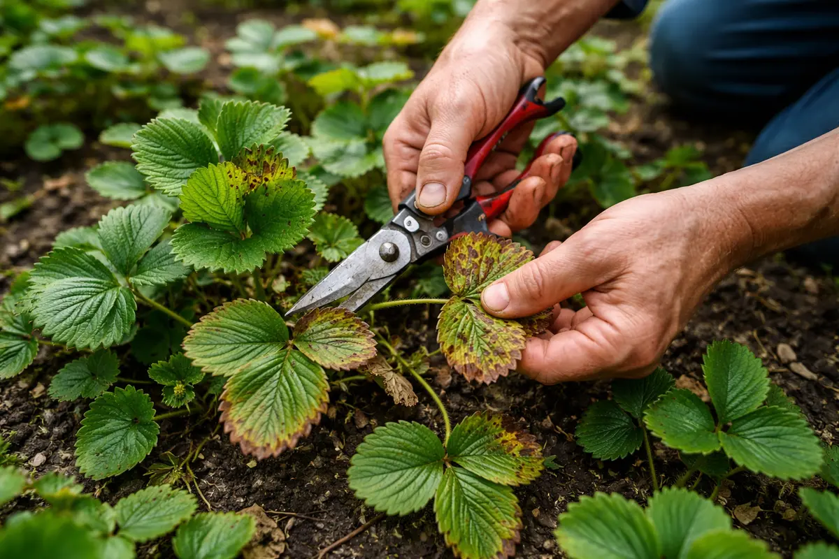 what to do when strawberry plants develop trim affected strawberry foliage promptly