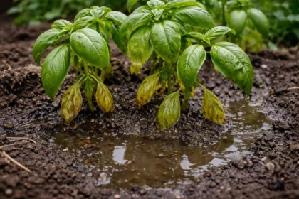 why are my basil plants stunted with wet soil around the base