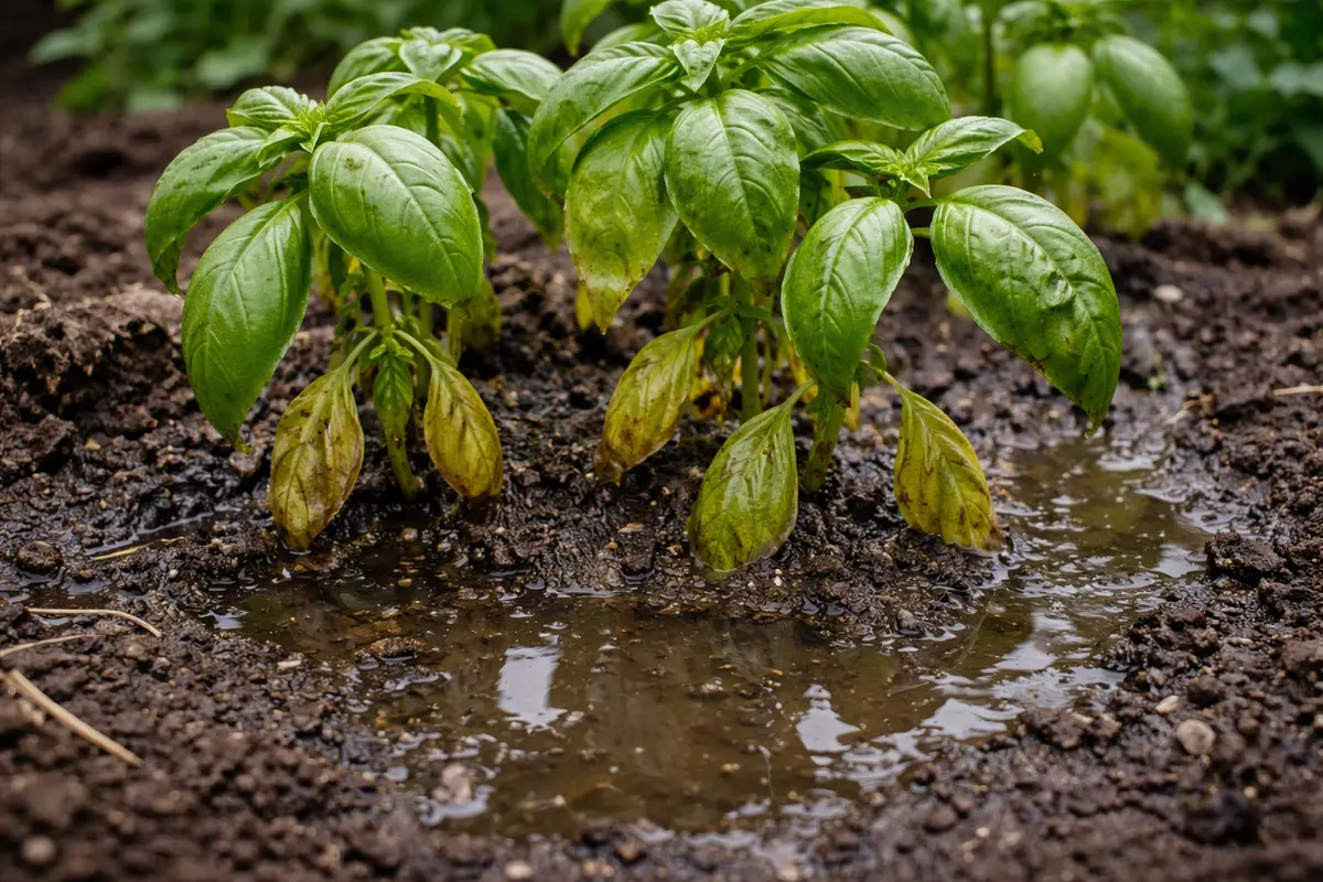 why are my basil plants stunted with wet soil around the base