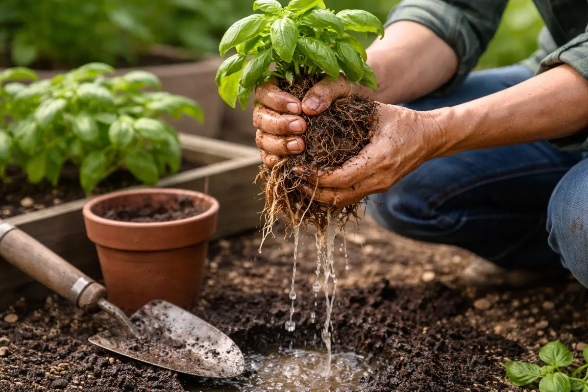 why are my basil plants stunted remove excess water from basil roots