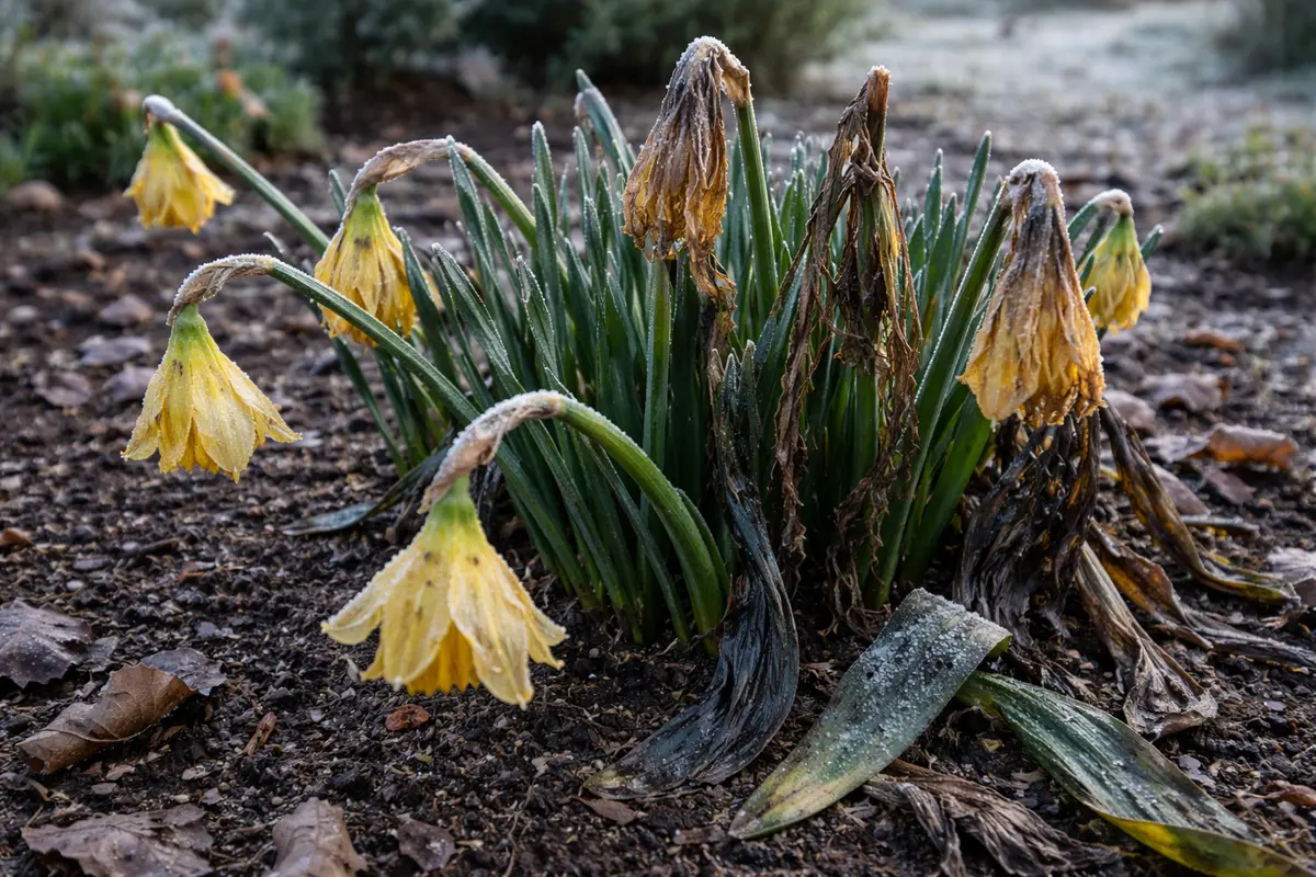 why are my daffodils wilting after with cold-damaged leaves in the garden