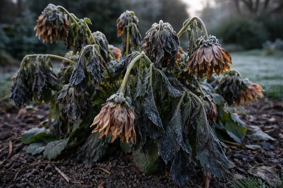 why are my dahlias drooping after with cold-damaged leaves in the garden
