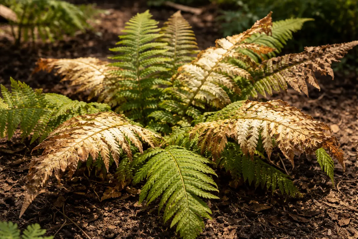 why are my ferns wilting with scorched leaf edges in harsh sun