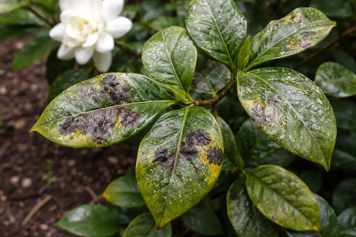 why are my gardenias developing black with fungal patches visible on foliage