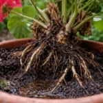 why are my geraniums suffering from with unhealthy roots showing in soil