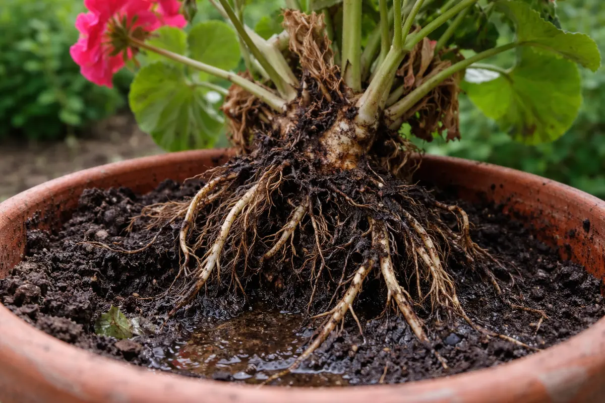 why are my geraniums suffering from with unhealthy roots showing in soil