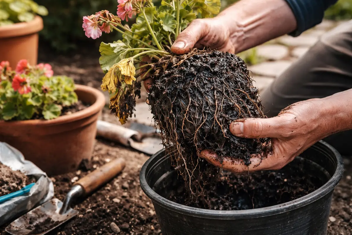 why are my geraniums suffering from root remove potted geraniums from soil