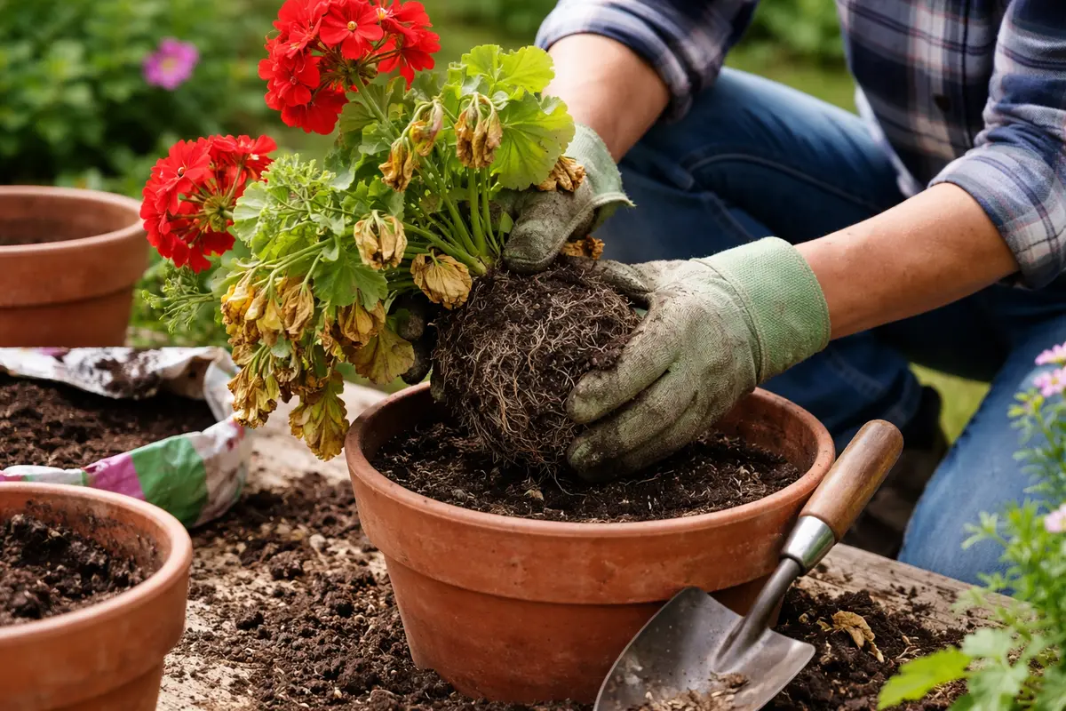 why are my geraniums suffering from replant geraniums in fresh, dry soil