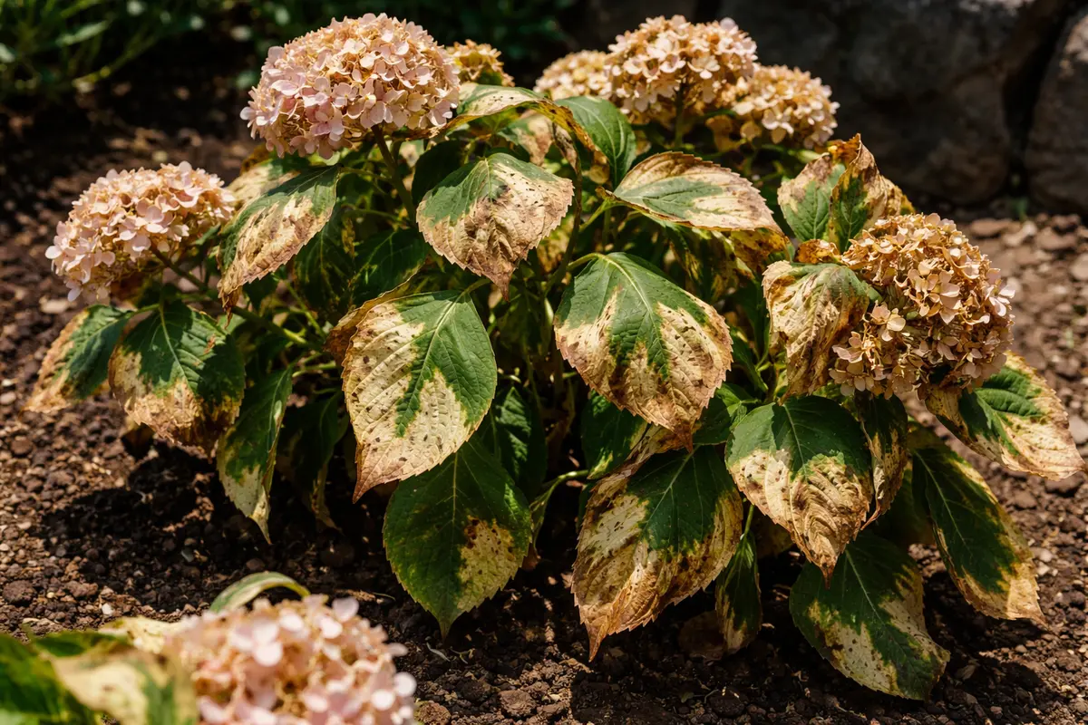 why are my hydrangeas drooping with scorched leaf edges in harsh sun