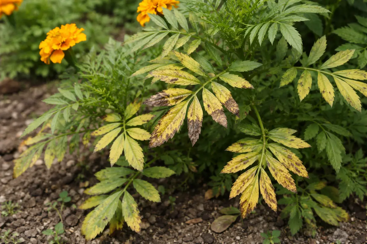 why are my marigold leaves with visible browning or spots on leaves