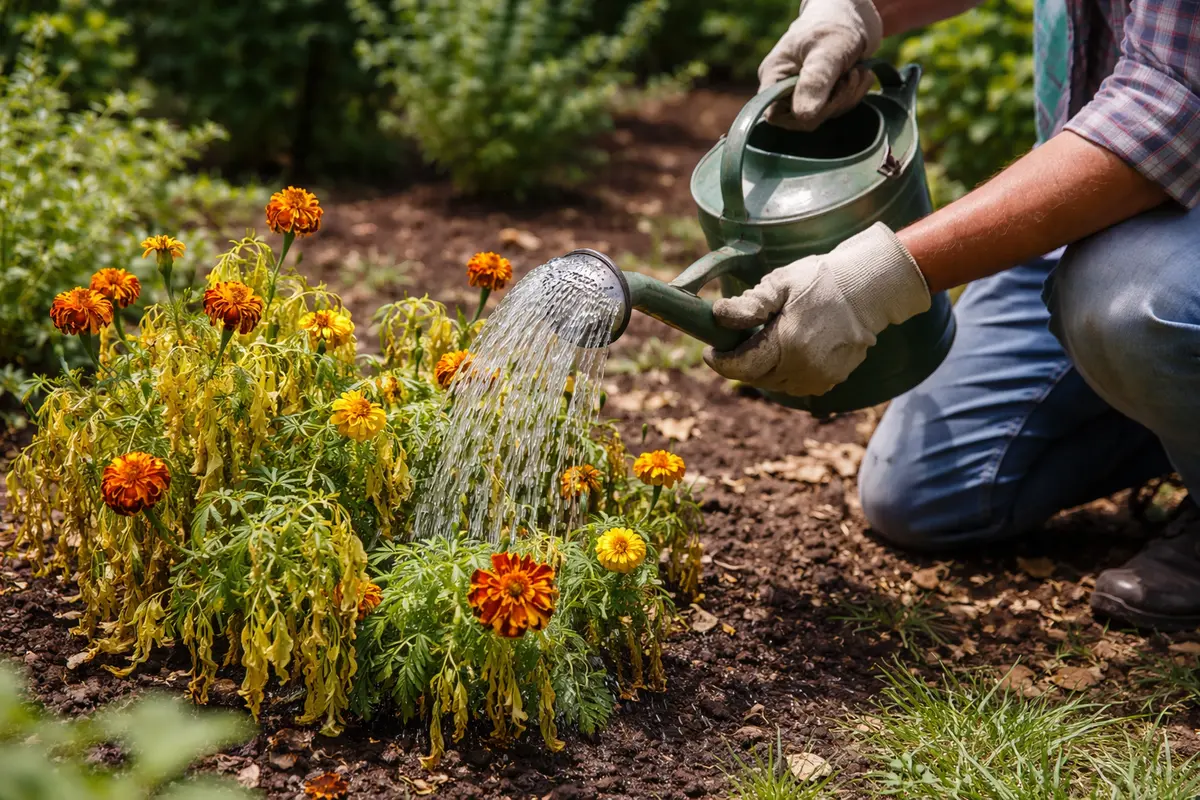 why are my marigold leaves turning water thoroughly to revive marigold plants