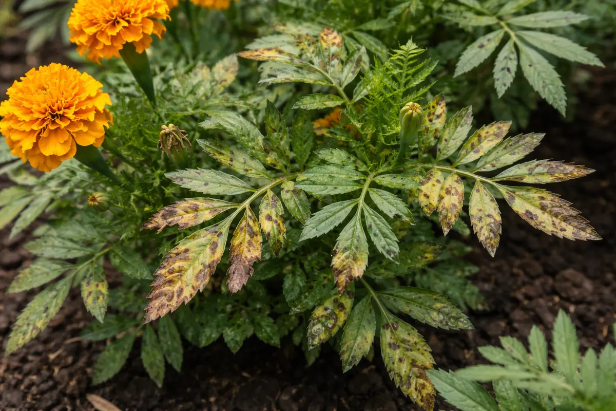 why are my marigolds developing with visible browning or spots on leaves