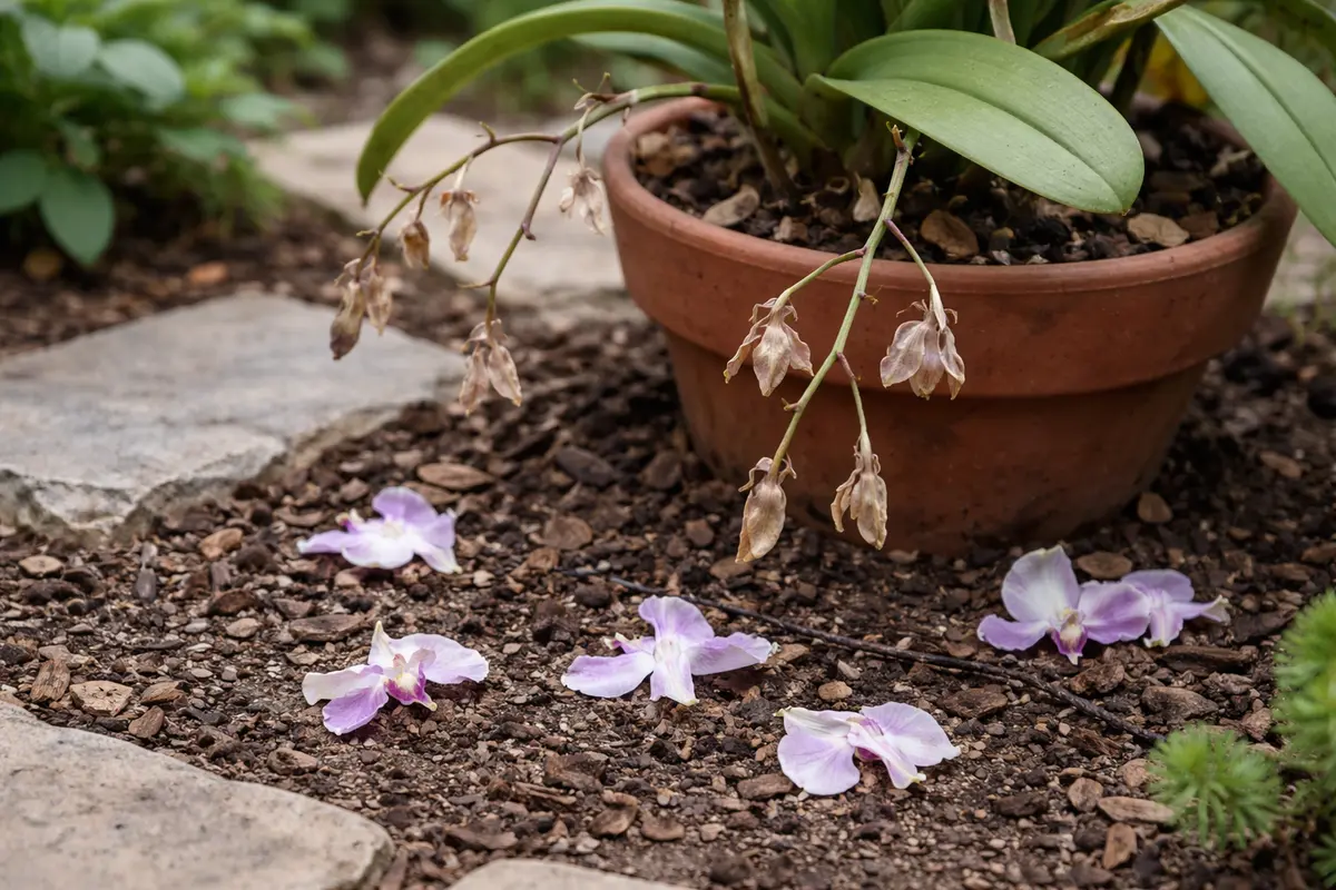 why are my orchids not flowering with dropped blossoms around the stems