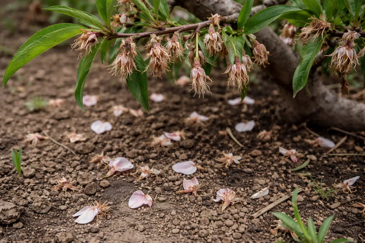 why are my peach flowers not with dropped blossoms around the stems