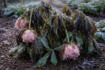 why are my peonies drooping after with cold-damaged leaves in the garden