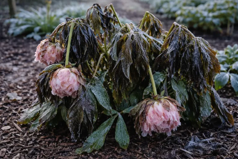 why are my peonies drooping after with cold-damaged leaves in the garden