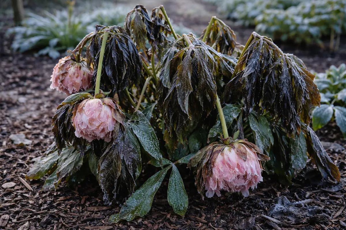 why are my peonies drooping after with cold-damaged leaves in the garden