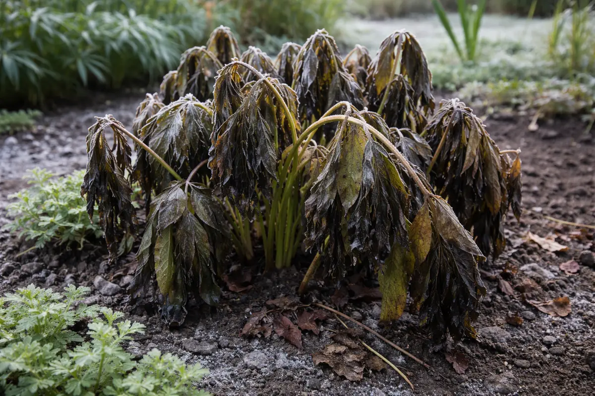 why are my peonies not flowering with cold-damaged leaves in the garden