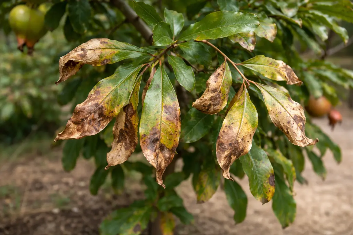 why are my pomegranate leaves with visible browning or spots on leaves