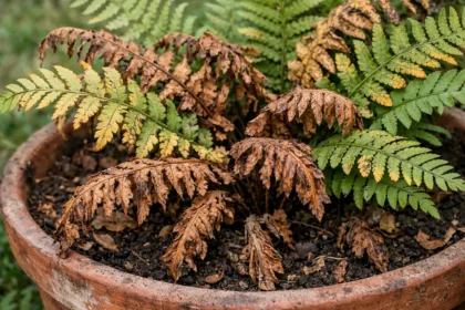 why are my potted ferns with visible browning or spots on leaves