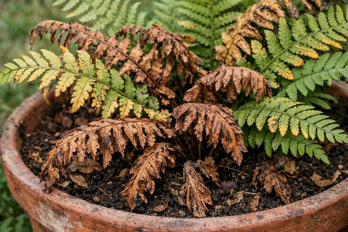 why are my potted ferns with visible browning or spots on leaves