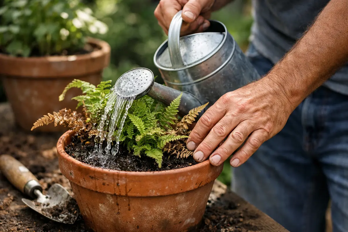 why are my potted ferns turning water ferns immediately if drying out