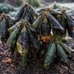 why are my rhododendron leaves turning with cold-damaged leaves in the garden