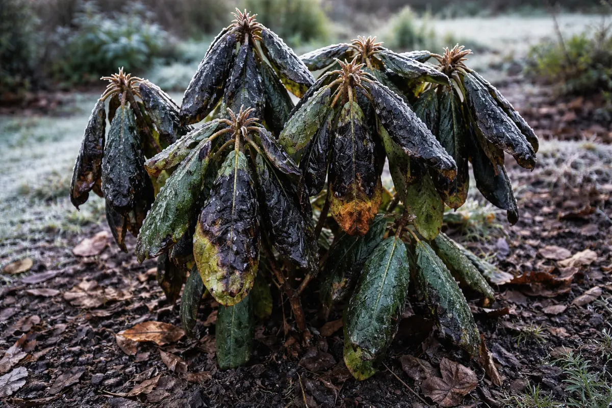 why are my rhododendron leaves turning with cold-damaged leaves in the garden