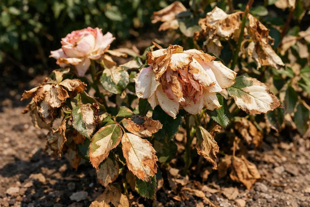 why are my rose bushes with scorched leaf edges in harsh sun