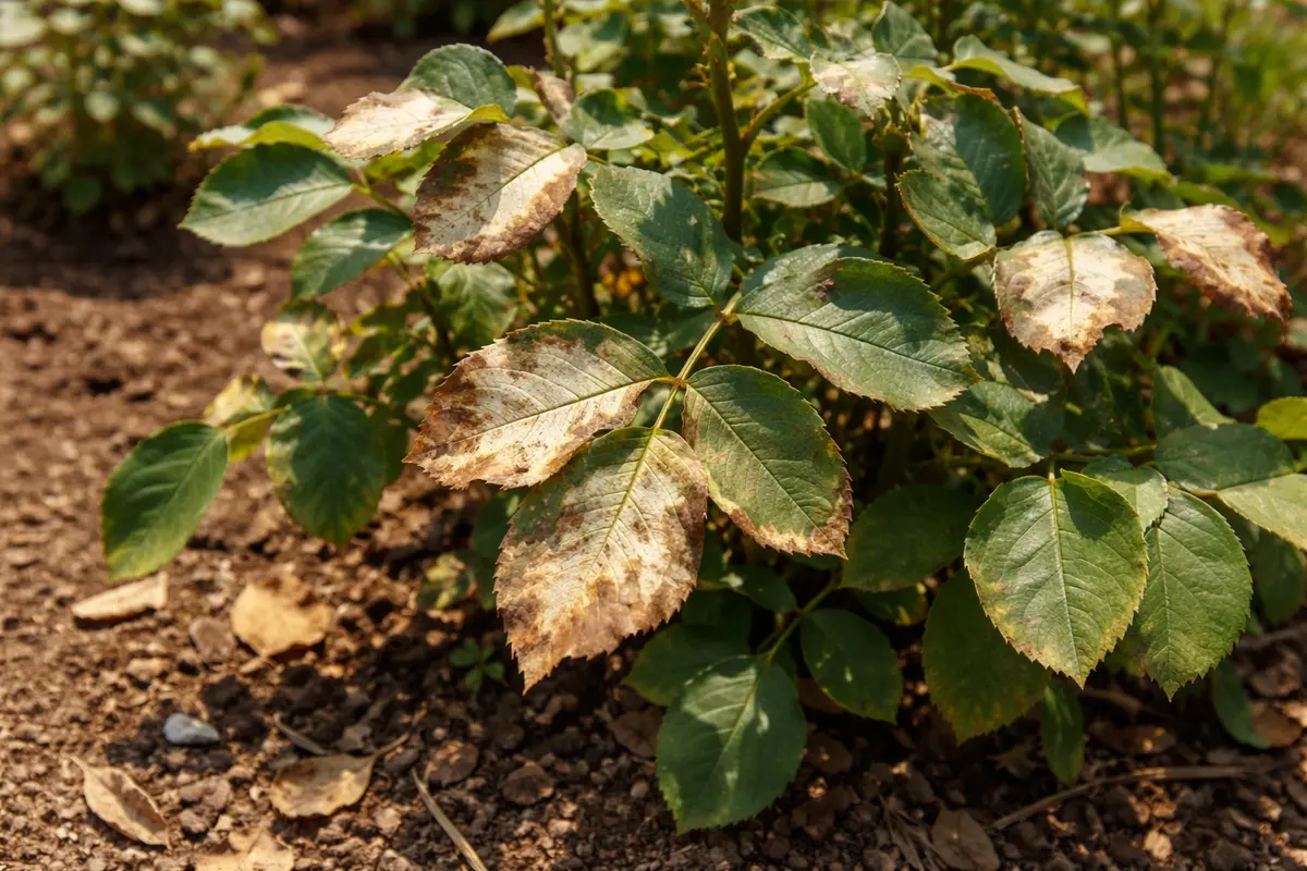 why are my rose bushes with scorched leaf edges in harsh sun