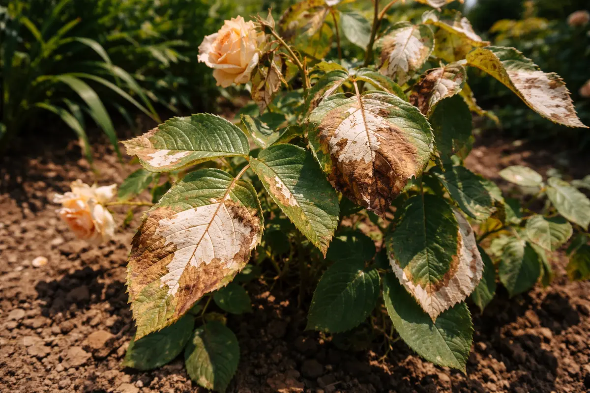 why are my roses turning with scorched leaf edges in harsh sun
