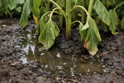 why are my sunflowers drooping after with wet soil around the base