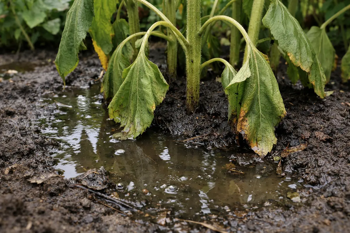 why are my sunflowers drooping after with wet soil around the base