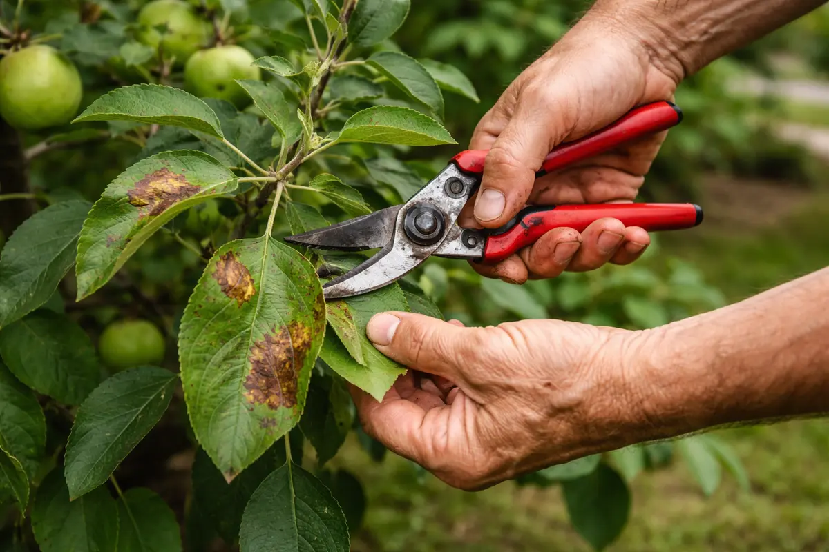 why do my apple trees develop prune brown patches off apple leaves