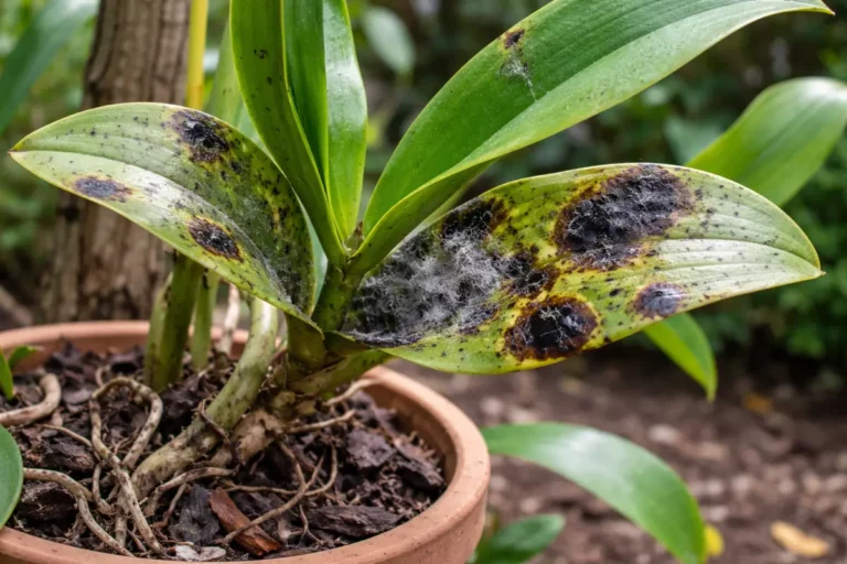 why do my orchids develop black with fungal patches visible on foliage