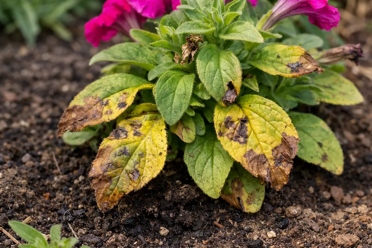 why do my petunias have with visible browning or spots on leaves