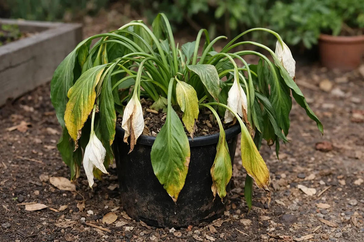 why does my peace lily droop wilting visibly in real garden soil