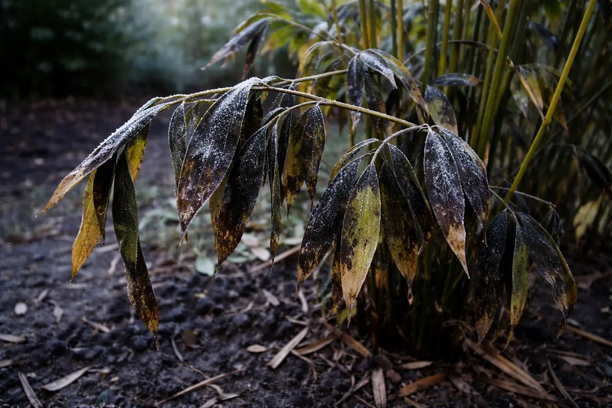 why is my bamboo turning yellow with cold-damaged leaves in the garden