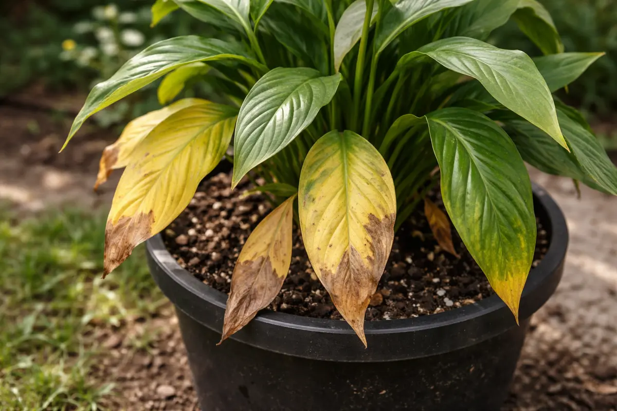 why is my peace lily with visible browning or spots on leaves