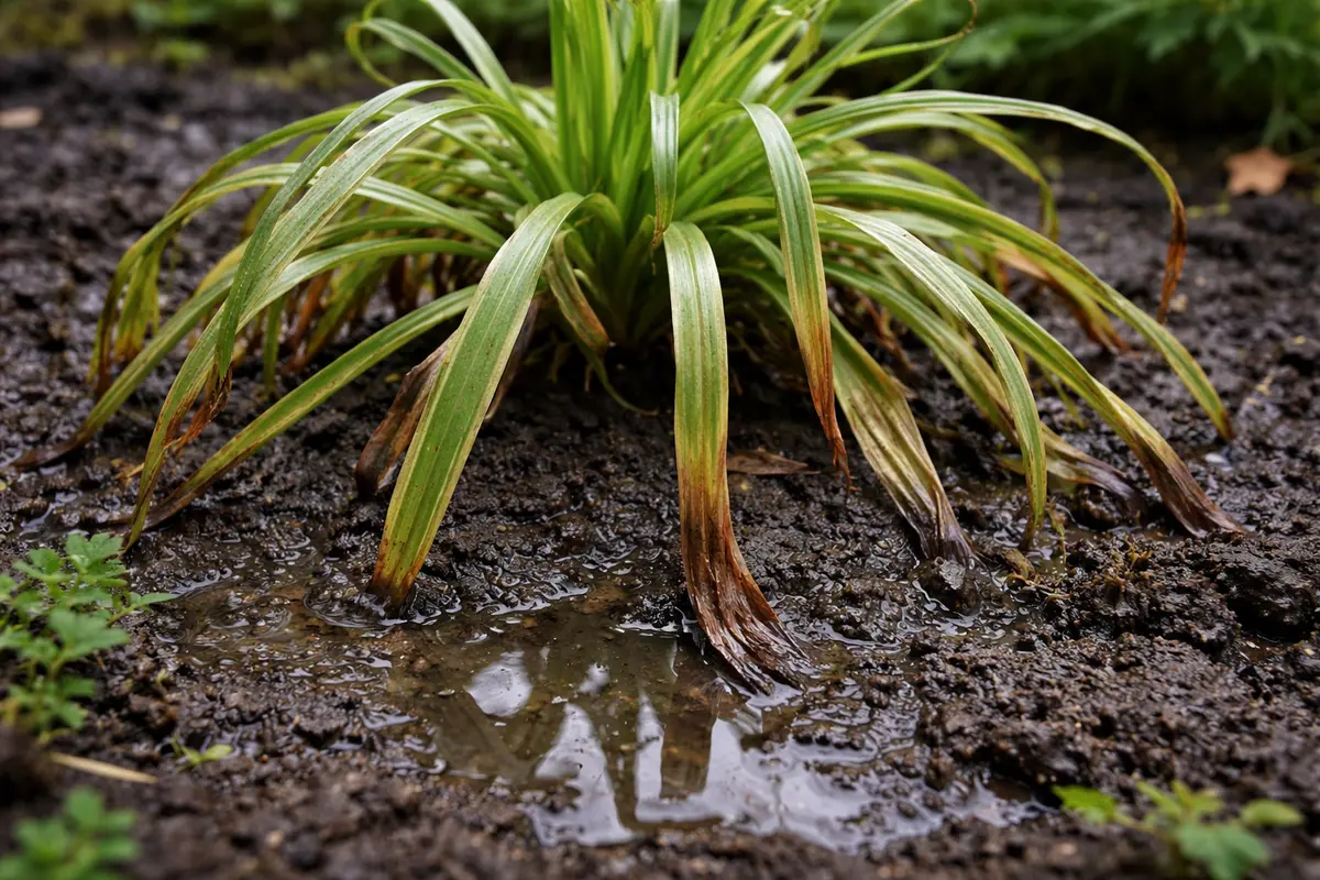why is my spider plant turning with wet soil around the base