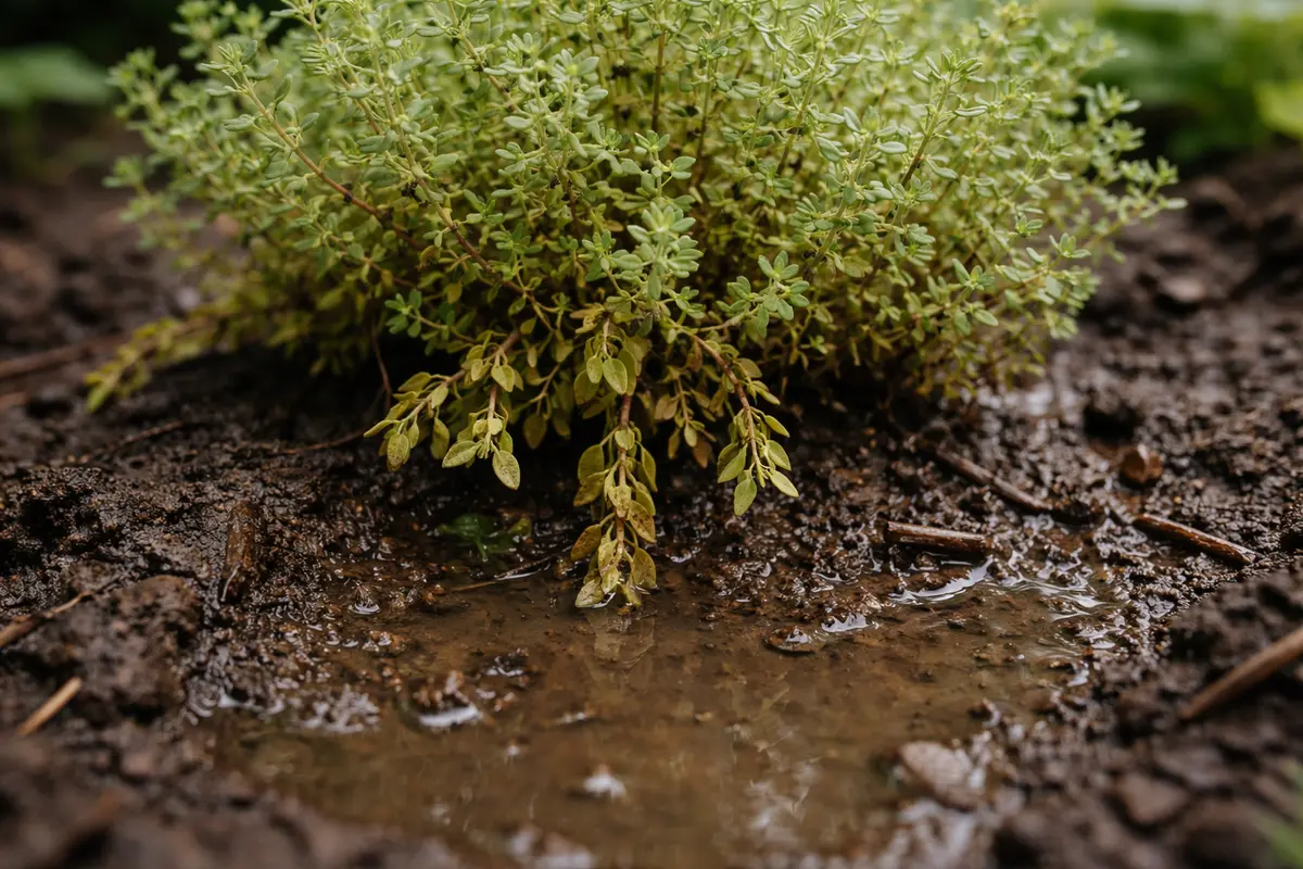 why is my thyme turning yellow with wet soil around the base